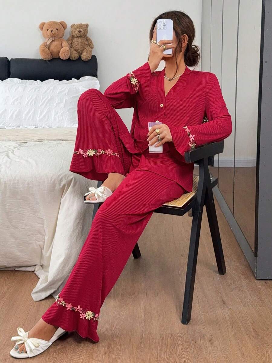 Napfluff Women's Colorful Embroidered Floral Trim Ruffle Long Sleeve Pajama Set, Burgundy Ribbed Knit Fabric, Comfortable Elegant Detail Autumn/Winter Clothing - Red - View 1