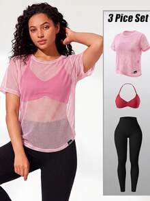 SHEIN Sports Women's Solid Color Ruched Halter Neck Bra, Short Sleeve Top And Leggings Casual Sports Set - Multicolor - View 1