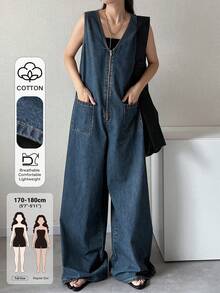 Dazy Tall Women's V-Neck Loose Urban Casual Jumpsuit - Medium Wash - View 1