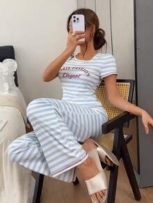 Napfluff Letter Print Blue & White Striped Casual Pajama Set, Comfortable Home Short Sleeve 2 Pieces Set - Blue - View 6
