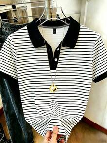 Flirla 大尺碼女款黑白配色 Polo T恤 休閒夏季時尚短袖上衣 度假風 - 彩色 - 查看 1