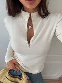 DAZY 女款保暖內裡修身純色T恤 日間正式米白色夏季休閒 - 白色 - 查看 7