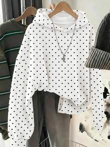 SHEIN 青少年女孩休閒時尚波點圖案厚實舒適柔軟連帽衛衣，適合秋冬日常、街頭、戶外、Y2K、運動、校園、返校，甜美女孩風 - 彩色 - 查看 8