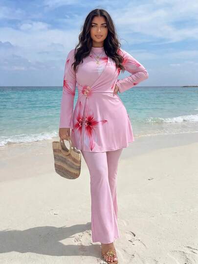 Swim Mulvari Plus Size Women's Floral Print Burkini 2 Pieces Set