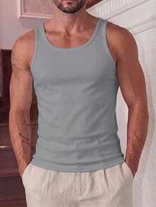 AKNOTIC 男士夏季休閒百搭素色背心 - 深灰色 - 查看 6