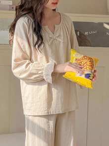 DAZY Tween女孩秋季服飾 女童 (大號) 圓領針織印花短袖T恤 + 格紋睡褲家居服套裝 - 杏色 - 查看 4