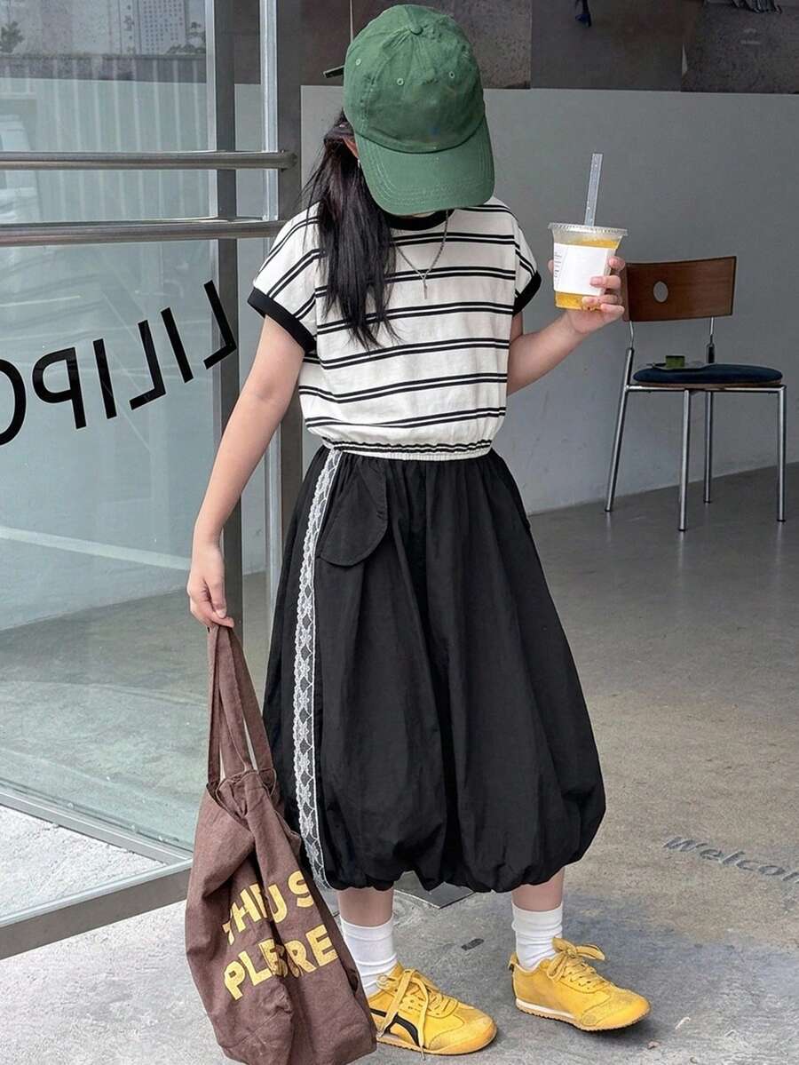 Dazy Kids 大女孩秋季新款 2 件套休閒街頭風套裝,寬鬆背心上衣搭配短袖 T 恤與工裝長褲 - 黑色 - 查看 1