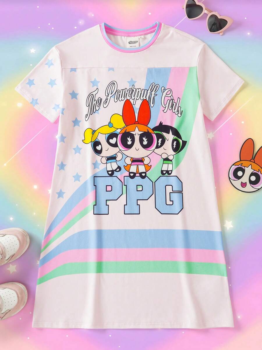 THE POWERPUFF GIRLS X SHEIN 青少年女孩字母卡通印花休閒日常夏季洋裝 - 粉色 - 查看 1