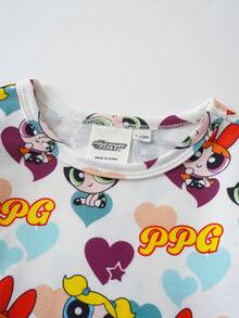 THE POWERPUFF GIRLS X SHEIN Baju Terusan Bayi Perempuan Motif Hati Kartun - Putih - View 3