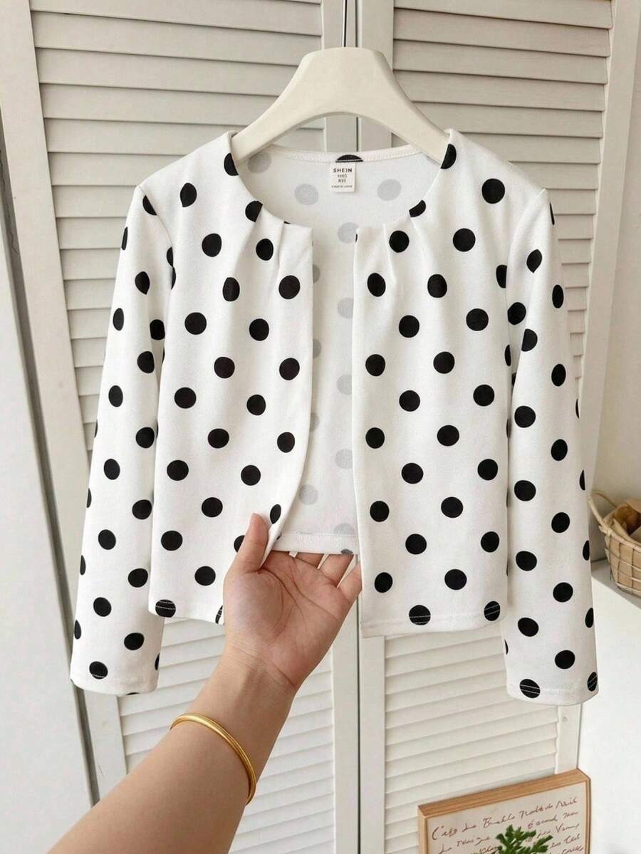 SHEIN Tween Girl Polka Dot Pattern Long Sleeve Open Front Casual Jacket - Black and White - View 1