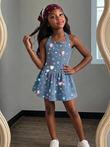 Kids Young Girl Kids Casual Fashion Colorful Rhinestone Decor Halter Neck A-Line Dress - Multicolor - View 5