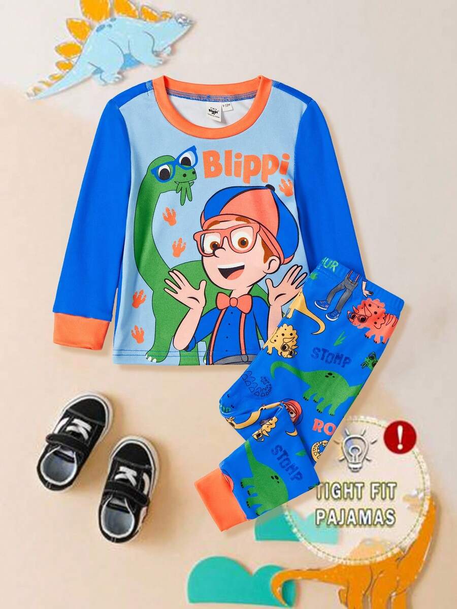 Blippi X SHEIN 2 件套男婴卡通恐龙舒适休闲圆领上衣和全印花图案紧身裤睡衣套装,适合春季、秋季和冬季 - 藍色 - 查看 1