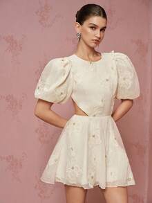 Zanirela French Romantic Elegant Date Party Girl Exquisite Heavy-Duty Gold Thread Hibiscus Embroidery Floral Fabric Round Neck Waist Cutout Backless Puff Short Sleeve A-Line Mini Dress - Apricot - View 5