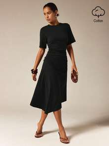 COSMINA Women's Casual Versatile Cinched Waist Cotton Brown Dress - Black - View 1