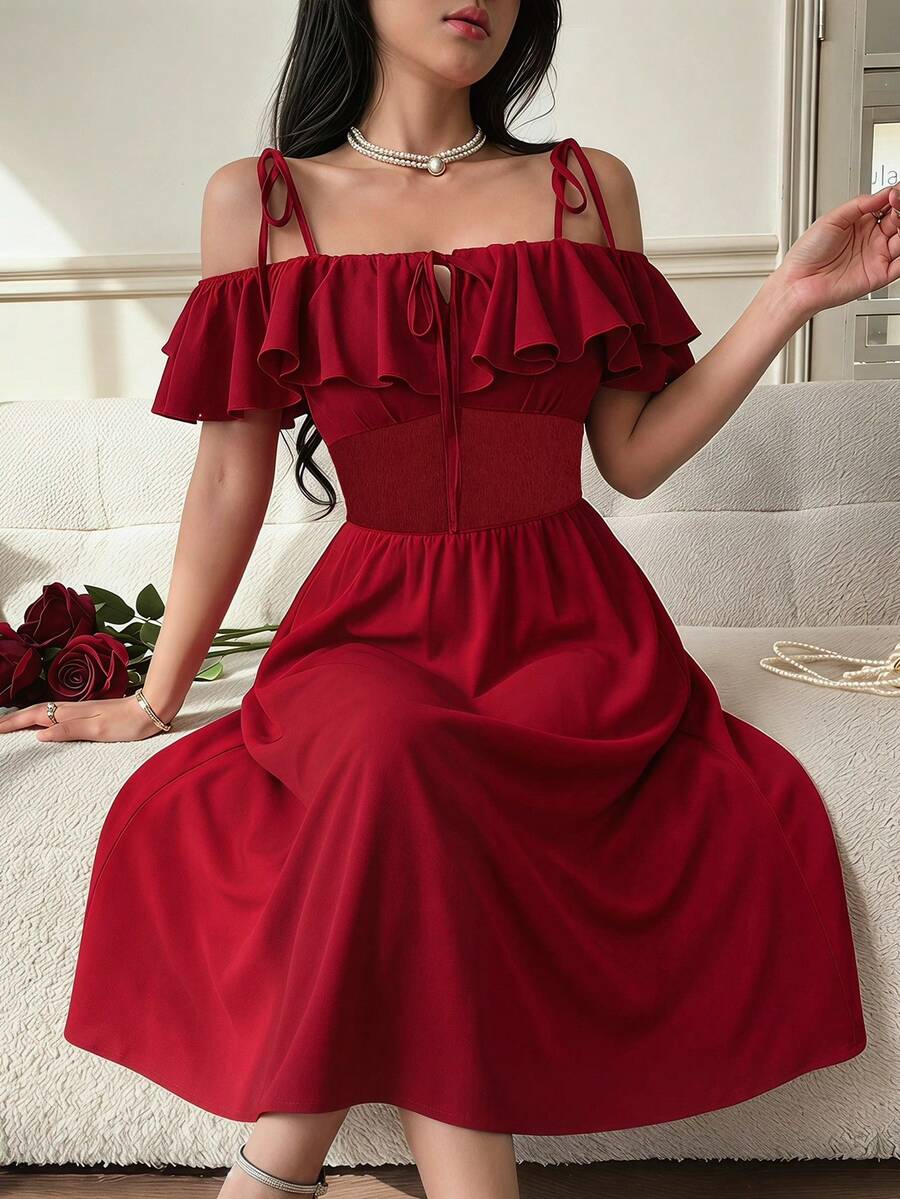 Feyla Vestido de mujer con volantes elegantes - Rojo - Ver 1