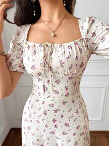 Modelyn 女款方領碎花開衩度假夏季短袖長版晚禮服洋裝 - 杏色 - 查看 3