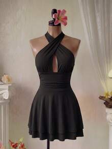Femesol Women's Simple Solid Color Sleeveless Backless Mini Dress With Neck Strap Halloween - Black - View 3
