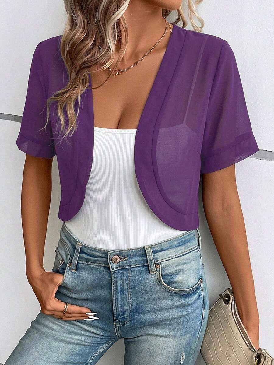 SHEIN Clasi 秋冬款純色開襟短版夾克 - 紫色 - 查看 1