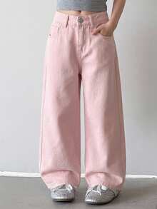 Dazy Kids Jeans de mezclilla para niñas, nuevo estilo primavera/verano, con bolsillos traseros y strass, acampanados (talla grande) - Rosa - Ver 5