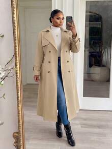 SHEIN Lady CURVE Curvy Plus Size Women's Khaki Double-Breasted Long Trench Coat,Plaid Fabric Lining Belted Lapel Jacket With Pockets,Autumn Casual Bussines Office Wear - Khaki - View 5