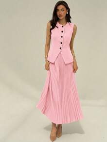 Aloruh Conjunto de 2 piezas para mujer con top sin mangas con botones delanteros y minifalda de unicolor para otoño/invierno - Rosa Pálido - Ver 6