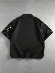ROMWE MEN 男士字母天使印花短袖單排扣寬鬆版型 Polo 衫 - 黑色 - 查看 3