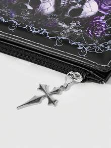ROMWE Goth 1個哥德式暗色中性骷髏玫瑰創意圖案龐克十字拉鍊零錢包，休閒時尚卡包 - 黑色骷髏 - 查看 5