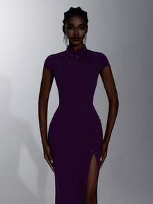 Elitara Elegant Romantic Purple Knit Cheongsam Collar Mermaid Dress Bodycon High Slit Cap Sleeve Women Prom Wedding Dinner Evening Formal Gown Winter - Purple - View 2