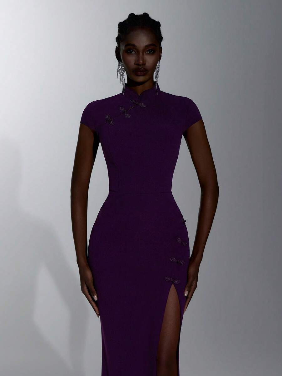 Elitara Elegant Romantic Purple Knit Cheongsam Collar Mermaid Dress Bodycon High Slit Cap Sleeve Women Prom Wedding Dinner Evening Formal Gown Winter