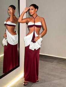 BamGleam Women's Colorblock Distressed Design Cake Hem Sexy Halter Neck Dress - Burgundy - View 1