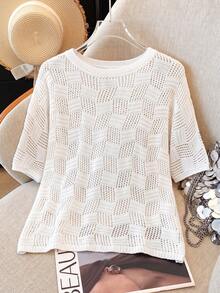 SHEIN LUNE Plus Size Women's Spring/Autumn 5-Sleeve Solid Color Hollow Out Loose Casual Top Batwing Sleeve Plaid Round Neck Pullover Knit Top - White - View 4