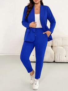 Shapeblank Plus Size Casual Commute Solid Color Jacket & Pants 2 Pieces Set Fall - Royal Blue - View 4