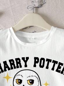 HARRY POTTER X SHEIN 青少年女孩圓領字母鳥圖案休閒日常短袖T恤 - 白色 - 查看 5