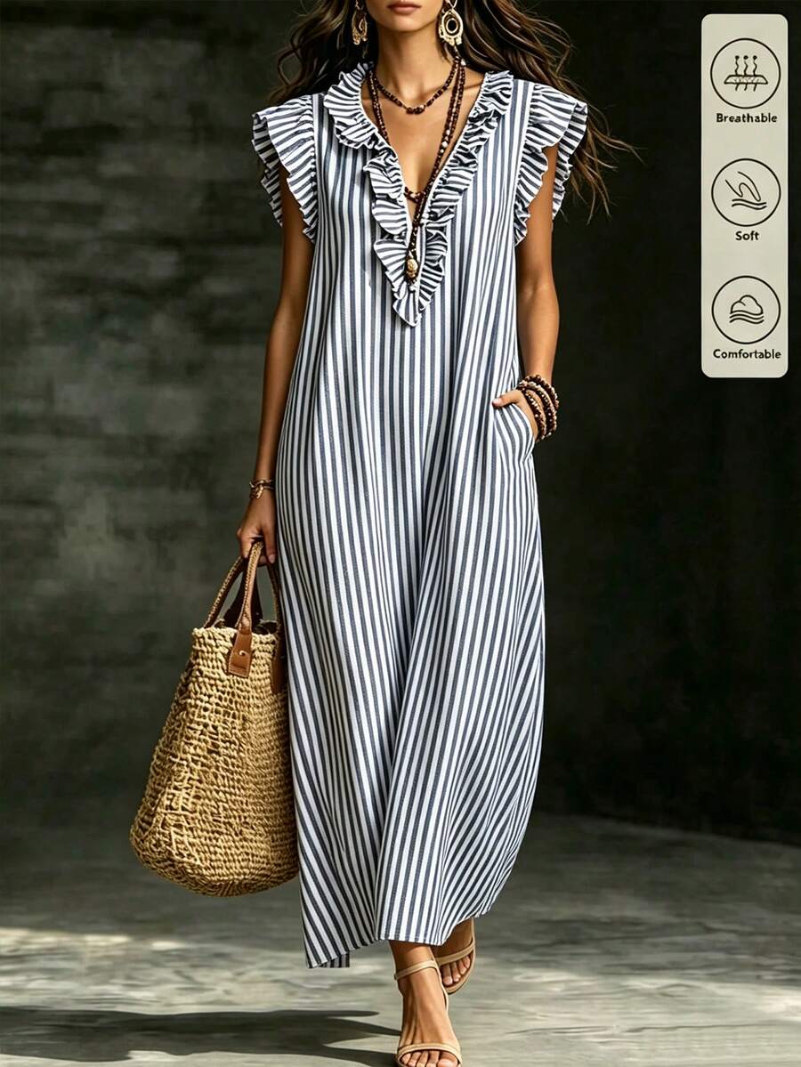SHEIN Franclia 女士时尚百搭条纹荷叶边口袋休闲连衣裙，适合度假 - 藍色 - 查看 1