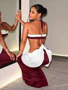 BamGleam Women's Colorblock Distressed Design Cake Hem Sexy Halter Neck Dress - Burgundy - View 5