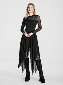 Breakform Gothic Halloween Sexy Sheer-Panel Asymmetric Stretch Dress – A Classic, Slimming, Versatile Mock-Neck Dress For The Dark, Cool Girl Aesthetic - Black - View 7