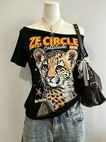 Lalippa Women's Asymmetrical Hem T-Shirt With Animal & Letter Print - Multicolor - View 3