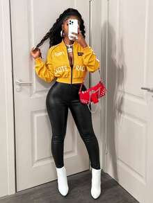 BamGleam Women's Letter Pattern Long Sleeve Zip-Up Baseball Jacket - Yellow - View 7