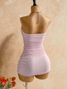 Soleia New Sexy Party Vacation Vacation Pink Sequin Sheer Asymmetrical Shoulder Loose Fit Hem Top Fitted Ruched Mini Dress Women 2pcs Set Bohemian Summer - Pink - View 7