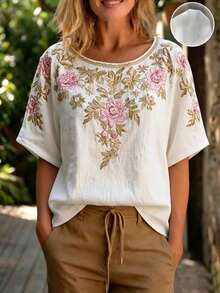 SHEIN New Women's Floral-Print Linen Short-Sleeve Blouse, Vacation, Casual Everyday Top, Patterned Blouse, White - White - View 4