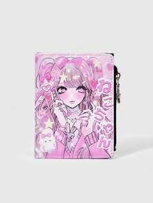 ROMWE 1Pc Y2K Millennium Kawaii Wallet Pink Anime Girl Creative Design Pattern Cute Star Zipper Change Bag, Casual Fashion Card Bag - Baby Pink - View 1