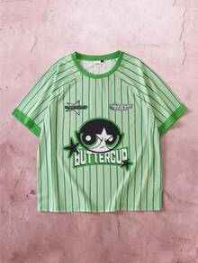 THE POWERPUFF GIRLS X SHEIN Men's Striped Cartoon Pattern Printed Crew Neck Short Sleeve T-Shirt - Green - View 3