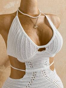 Soleia Plus Size Women's Sexy Leisure Cutout Design Halter Neck Knit Romper Party Vacation Beach White Summer - White - View 5