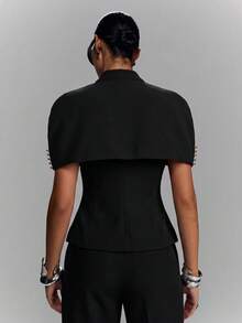 LYSMO Women's Metal Button Design Sleeveless Jacket And Single-Breasted Vest Suit Set - Black - View 2