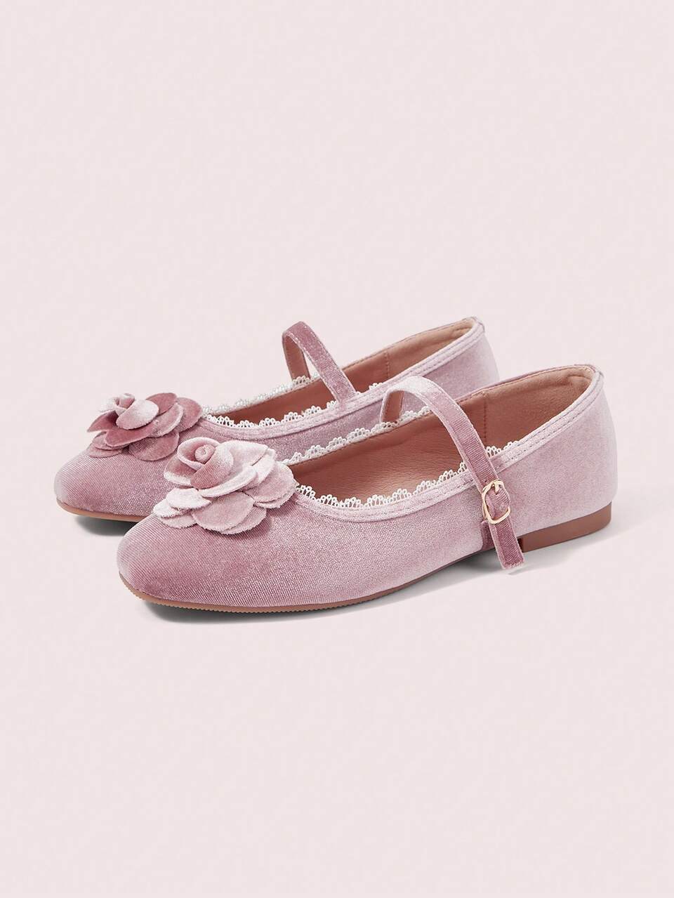 CUCCOO DOLLMOD Women's Shoes, Pink, Flower Decoration, Velvet Texture, Lace Decoration, Mary Jane Flats, Cute, Sweet And Gentle Temperament To Wear
