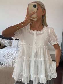 DAZY Women's White Square Collar Ruffle Trim Loose Casual Blouse With Puff Sleeves, Flattering Summer - White - View 11