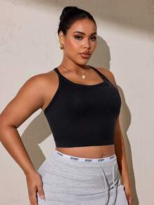 SHEIN Sports Plus Size Women's Solid Color Everyday Fitness Tank Top Sports Bra - Black - View 4