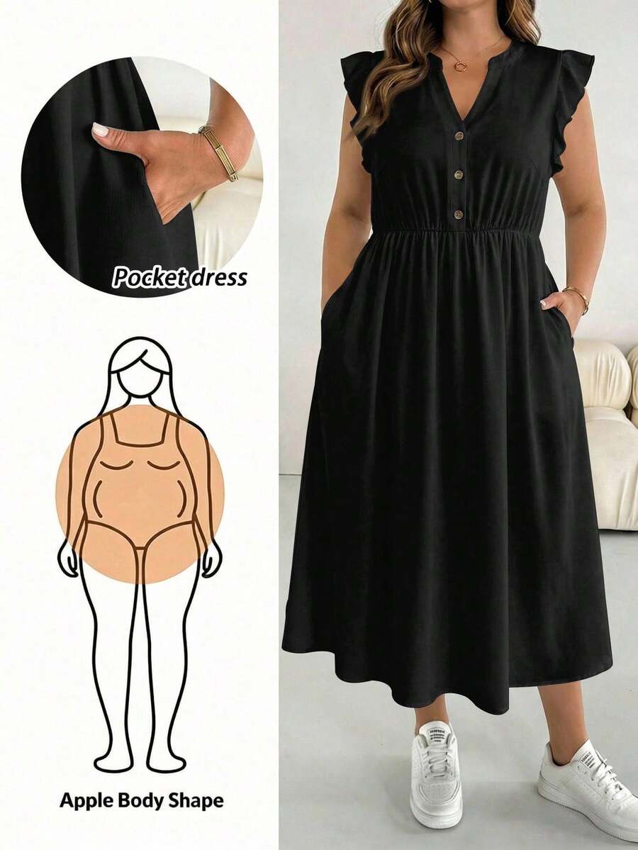 SHEIN Essnce 黑色纯色加大码女式短袖休闲连衣裙,适合春夏季穿着 - 彩色 - 查看 1
