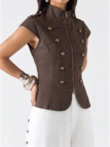 LYSMO 2026 Nueva chaqueta vintage minimalista de cuello alto para primavera/verano, adecuada para ir al trabajo - Marrón - Ver 3