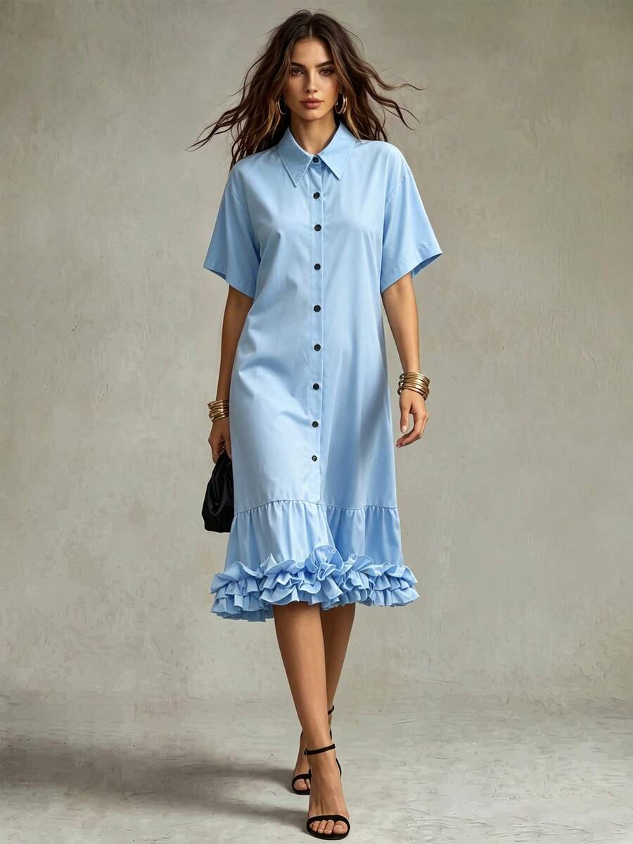 Franclia Summer Loose Artistic Design Frill Trim Patchwork Women's Dress Brunch Light Blue Casual - Blue - View 1